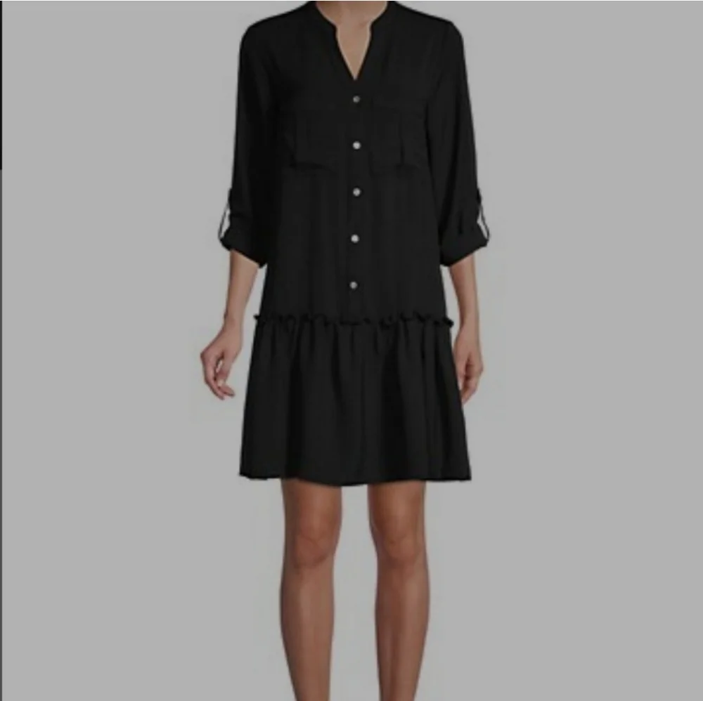 Emma & Michelle Shirt Dress Black Ruffle V-Neck Roll Tab Sleeves 2X - Picture 8 of 12